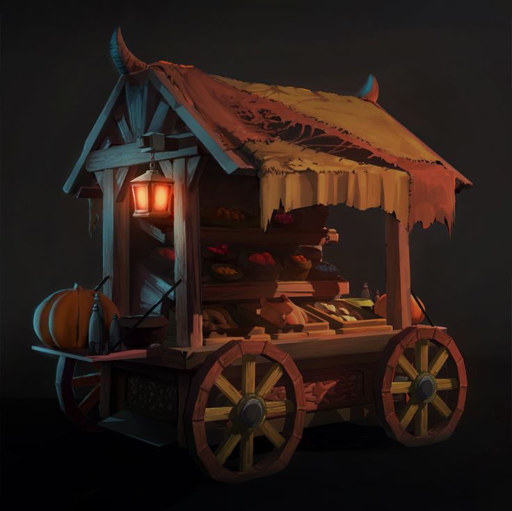 a small wooden cart with food on it's wheels and a lantern in the background