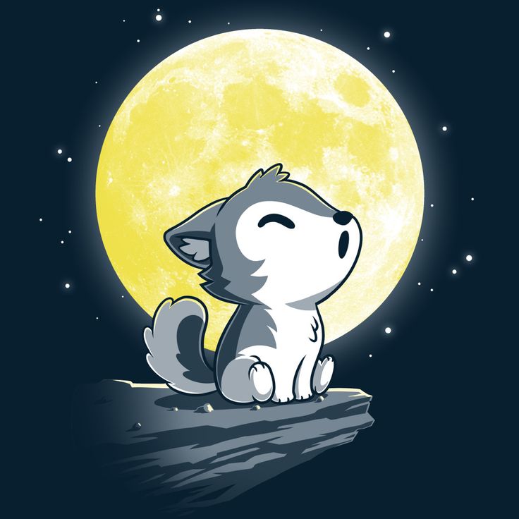 a cartoon wolf sitting on the ground in front of a full moon with its eyes closed