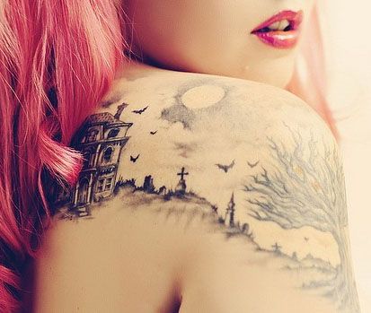 a woman with pink hair has a tattoo on her back and is looking at the camera