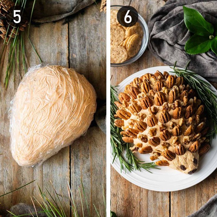 two pictures side by side one shows bread, the other shows pine cones and nuts