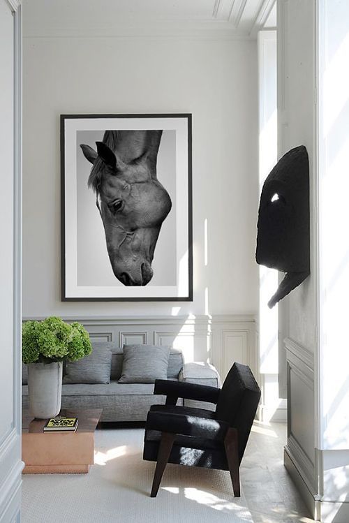 a black and white photo of a horse in a living room