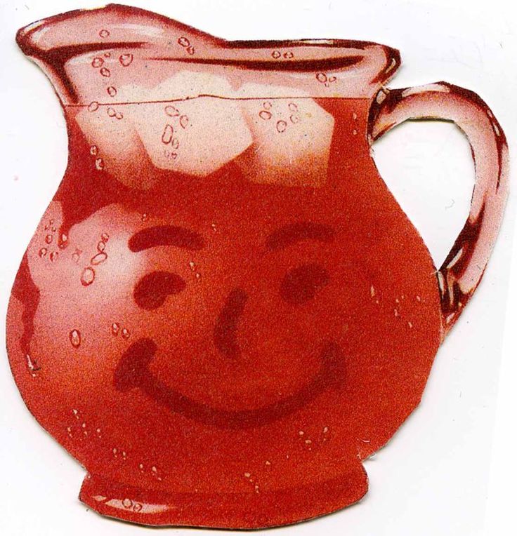 a red pitcher with a smiley face drawn on the side and bubbles coming out of it