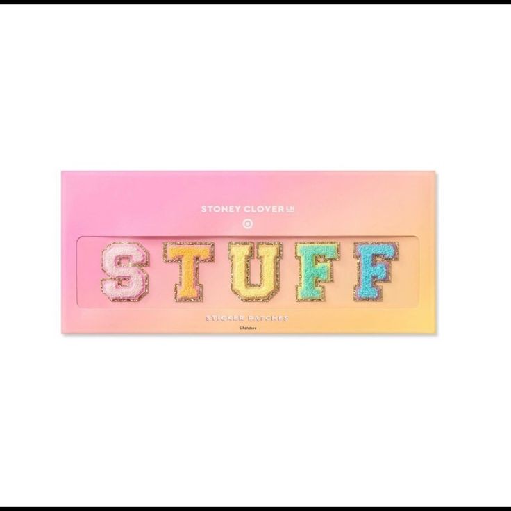 a sticker that says stuff on it with the word stuff spelled in multicolored letters