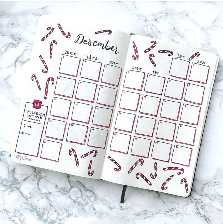 an open planner with candy canes on it and the word december written in red