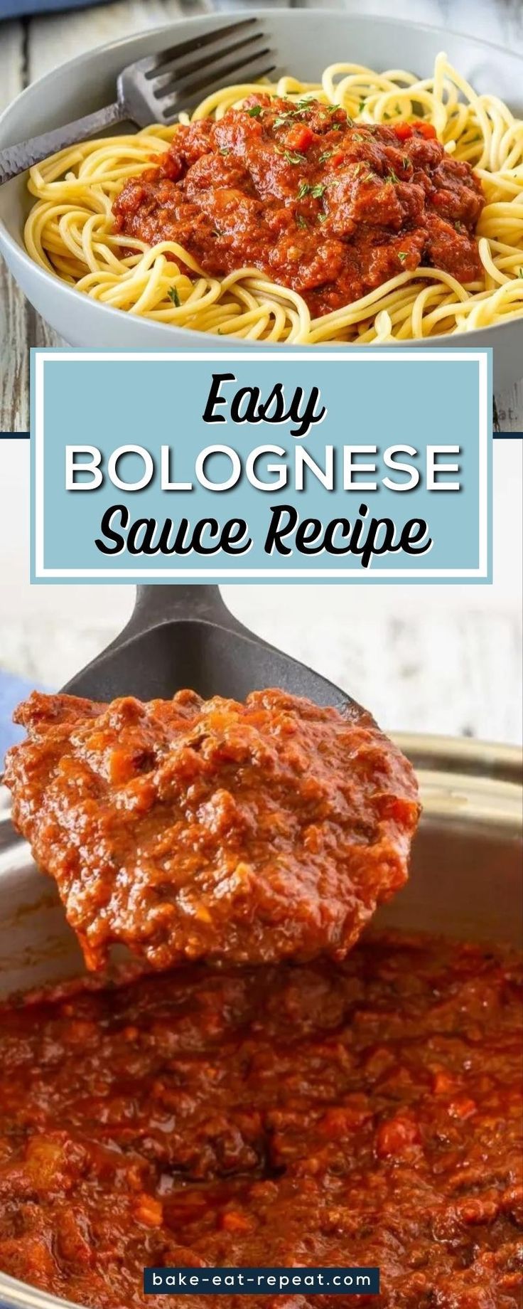 easy bologi sauce recipe in a pan with the title above it and an image of