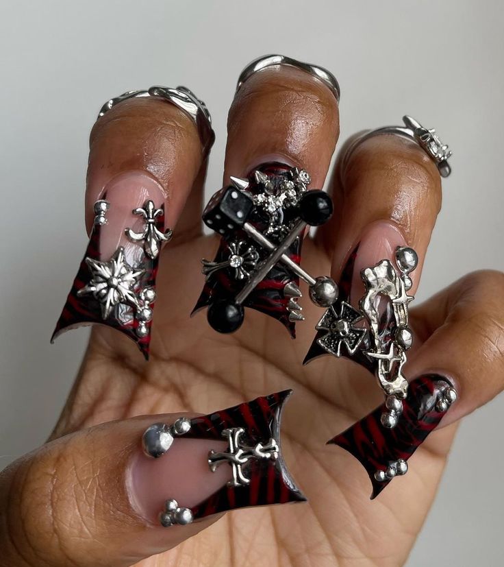 Black Junk Nails, Junk Nails, Punk Nails, Duck Nails, Hard Nails, Drip Nails, Ombre Acrylic Nails, Edgy Nails, Colored Acrylic Nails