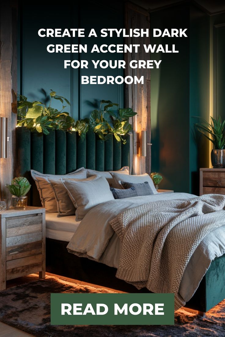 Stylish bedroom with dark green accent wall, grey bedding, and wooden furniture.