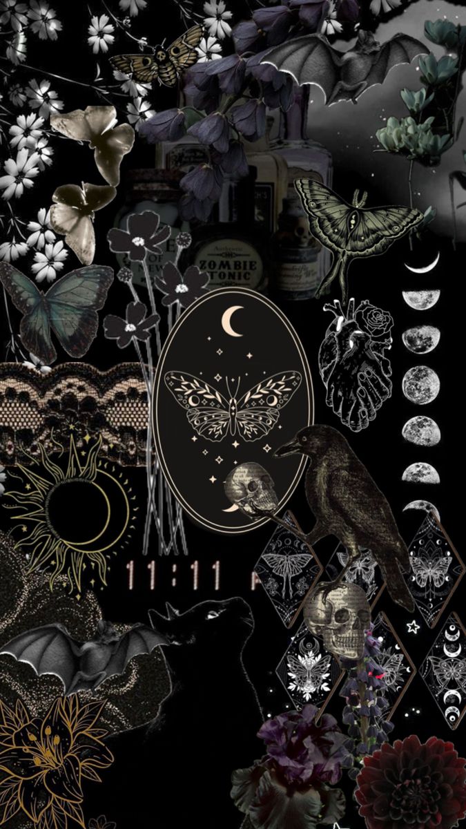 a collage of flowers, moths and other things on a black background with text