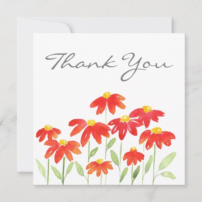 a thank card with red daisies and the words thank you written on it in black ink