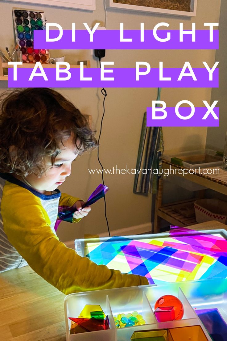 a young boy playing with an illuminated table in his living room and the text overlay reads diy light table play box