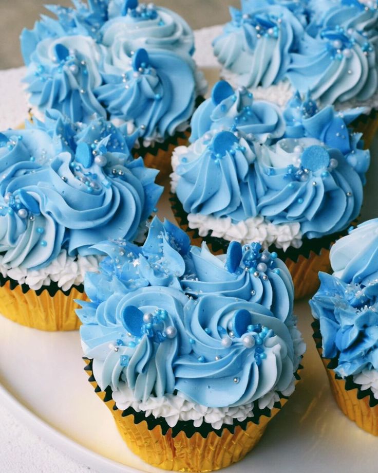 blue frosted cupcakes on a white plate