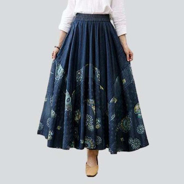 Introducing our Flare Embroidered Long Denim Skirt from the 2023 Autumn Collection ââ‚?the ultimate street trend statement! Stand Out In StyleThis extraordinary piece combines fashion and function. flawlessly blending street-trend with modern sophistication. From the high-waisted shape to the rubber closure. this skirt is the epitome of contemporary chic. Embrace your bold side with the unique flare style. and make a statement with the intricate embroidery.Distinctive Features: Street Style: Exu Spring Non-stretch Denim Skirt, Flowy Cotton Denim Skirt, Bohemian Dark Wash Bottoms For Spring, Bohemian Wide Leg Denim Skirt For Spring, Spring Bohemian Wide Leg Denim Skirt, Spring Bohemian Wide-leg Denim Skirt, Bohemian Denim Blue Cotton Skirt, Dark Wash Bohemian Skirt For Summer, Dark Wash Bohemian Summer Skirt