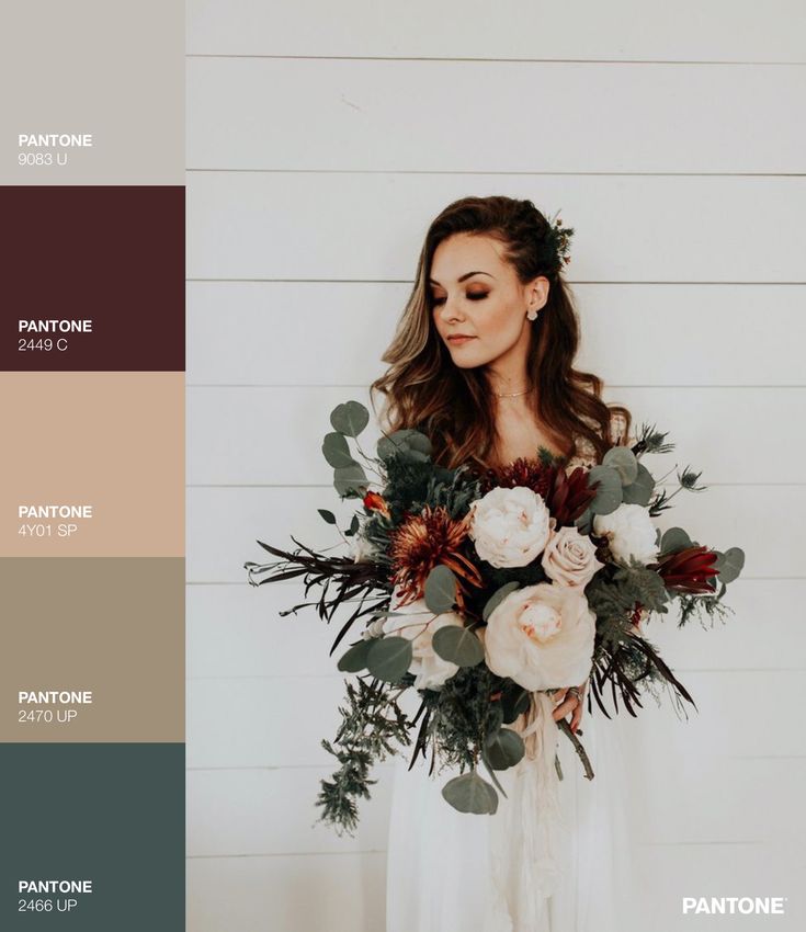 a woman holding a bouquet of flowers and greenery in her hands with the color palette swatches