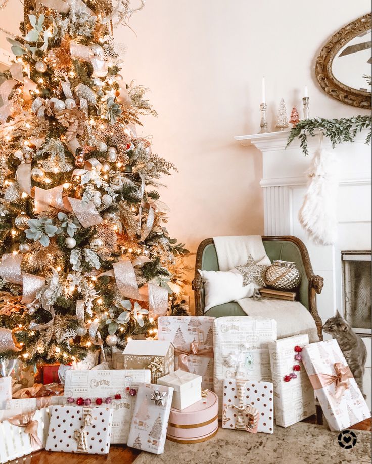 a christmas tree with presents in front of it