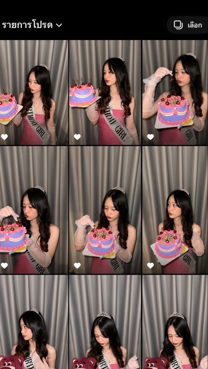 several pictures of a woman holding a cake