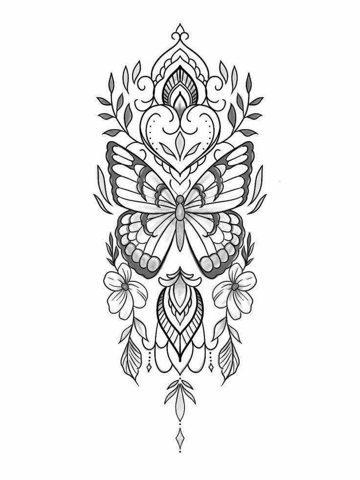 a black and white drawing of a butterfly with flowers on it's back side