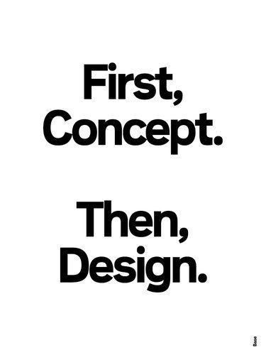 the words first, concept then, design are black and white on a white background