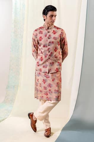 Cinnamon red bundi with an abstract ink blotted floral print and hand embroidery detail over it. - Aza Fashions Cinnamon Red, Kurta Set Men, Wedding Edit, Kurta Set For Men, Nehru Jacket, Nehru Jackets, Red Sequin, Kurta Set, Embroidered Silk