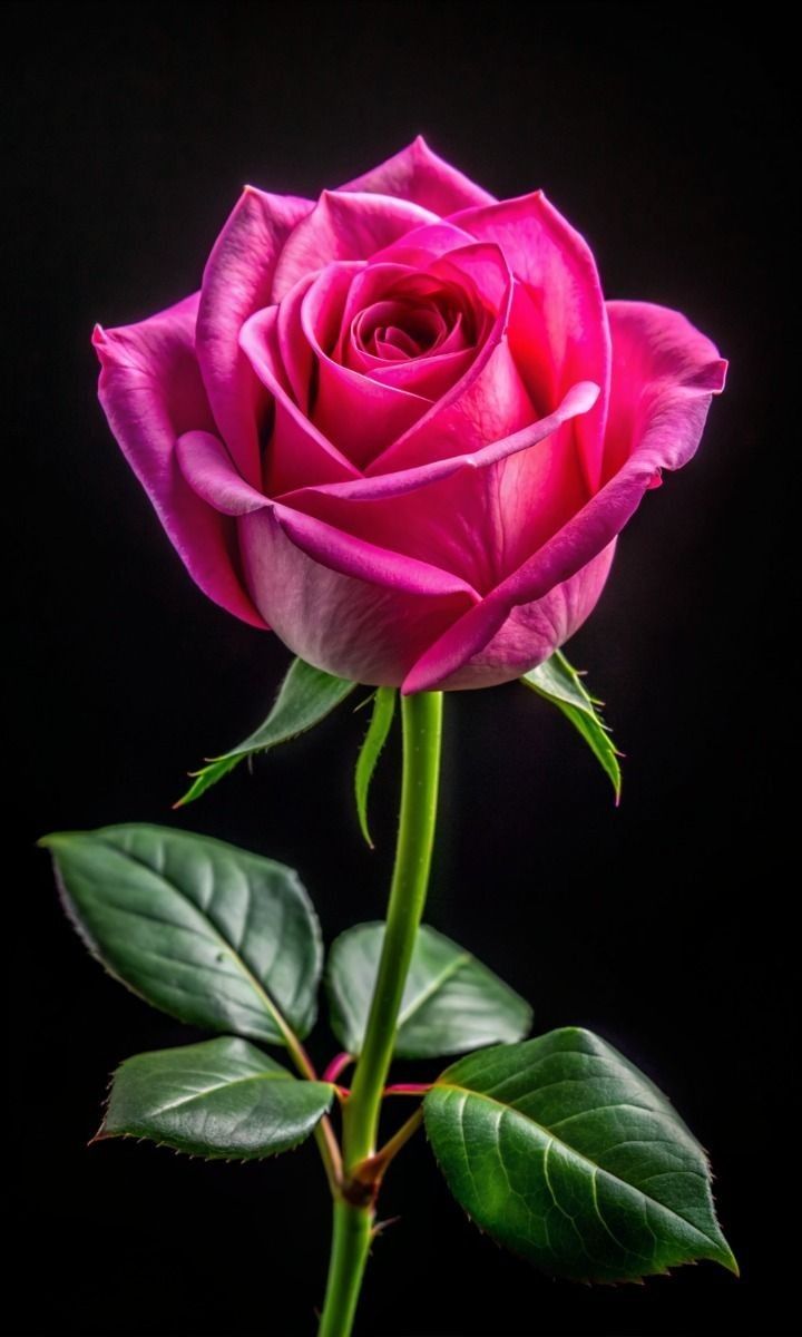 a single pink rose with green leaves on a black background