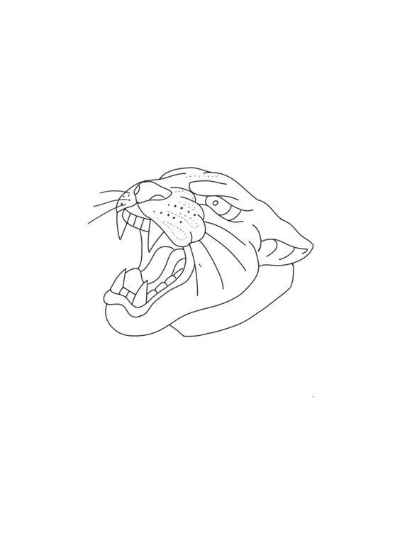 a black and white drawing of a tiger's head with it's mouth open