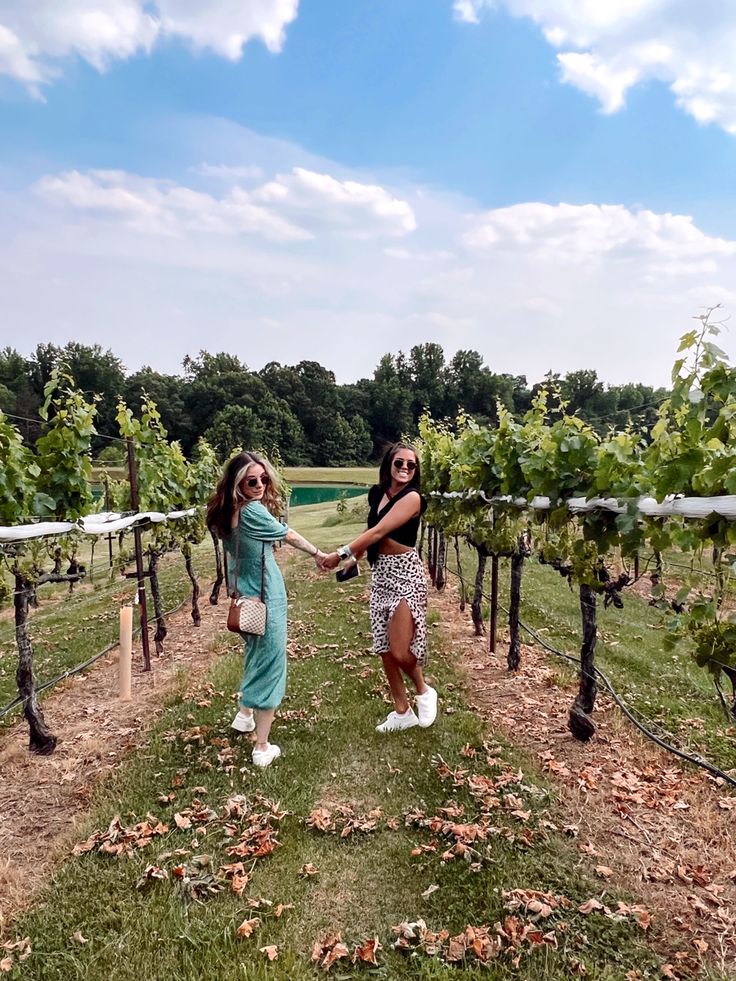 two women standing in the middle of a vineyard holding hands