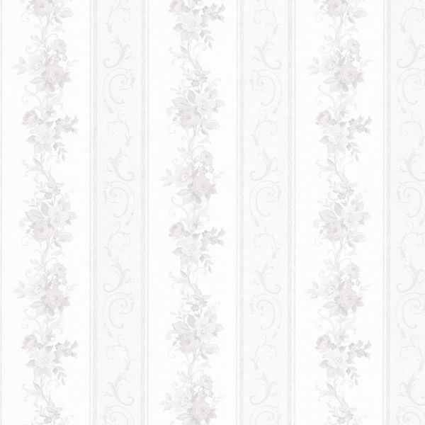 a white and grey striped wallpaper with floral designs