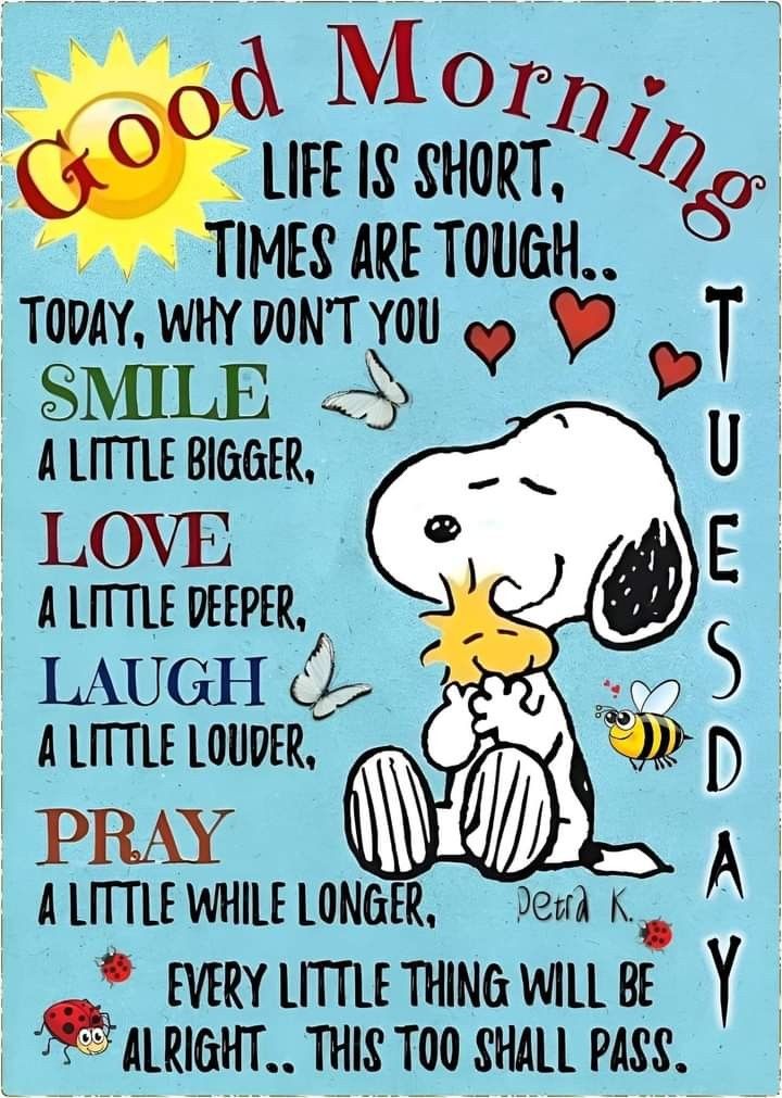 a snoopy dog with the words good morning on it's chest and an image of