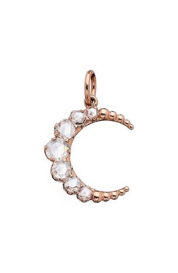 Faceted round diamonds and sculpted beads shape a crescent-moon pendant set in 18-karat gold. Enhancer only; chain sold separately 5/8"W x 1"L Total diamond weight: 0.65ct. Color: G–H Clarity: SI1-VS2 18k gold/diamond Imported >Diamond Guide Asian Owned and Founded Luxury White Gold Jewelry With Moon Charm, Luxury White Gold Moon Charm Jewelry, Luxury Crescent-shaped White Gold Jewelry, Luxury Diamond Jewelry With Moon Charm, Celestial Diamond White Jewelry With Rose Cut Diamonds, Luxury Moon Charm Pendant Jewelry, Elegant Diamond Moon Phase Jewelry, Elegant Moon-shaped Jewelry With Charms, Elegant Moon Shaped Jewelry With Charms