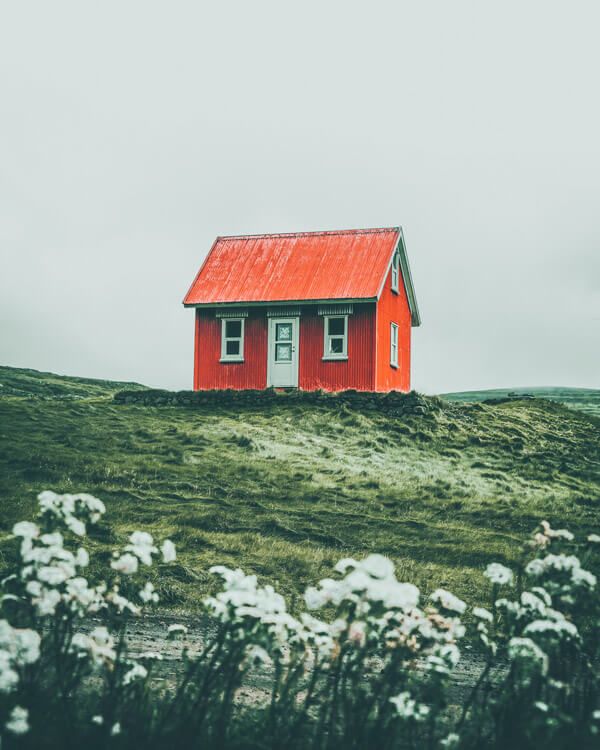 a small red house sitting on top of a green hill next to white wildflowers