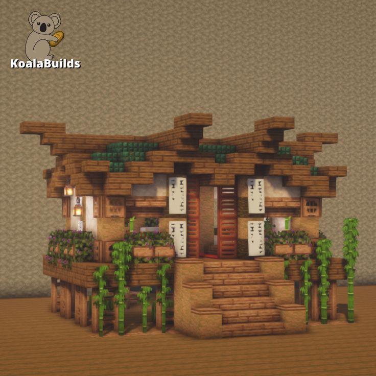 an image of a house made out of wood and plants on the front porch, in minecraft