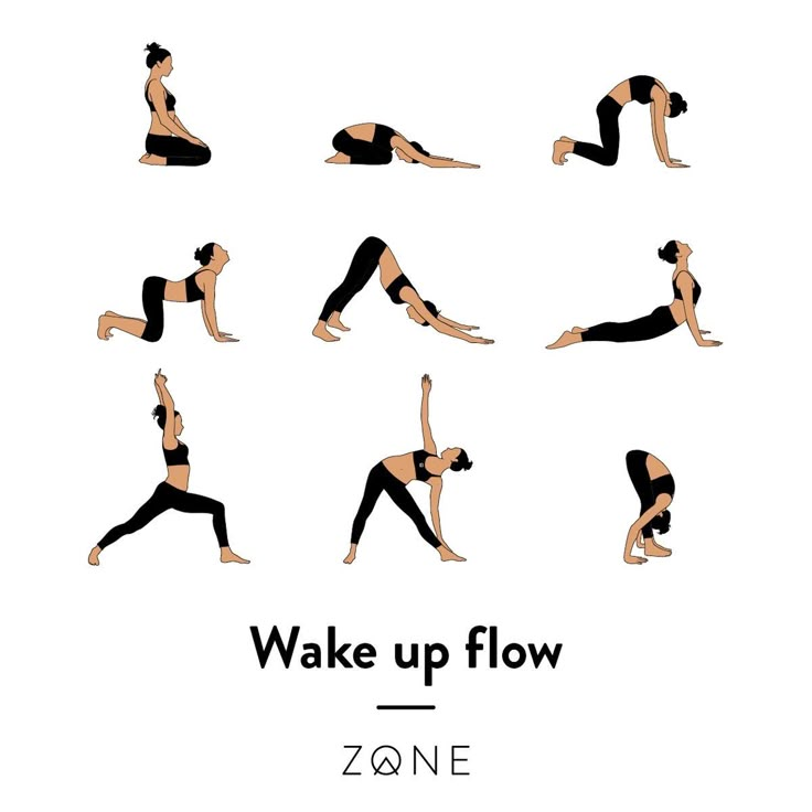 a woman doing yoga poses with the words wake up flow above her head and bottom