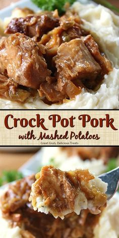 the crock pot pork with mashed potatoes is shown