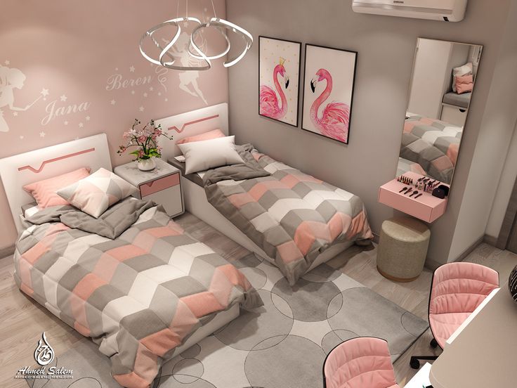 two beds in a room with pink and grey decor on the walls, one is made up like a flamingo