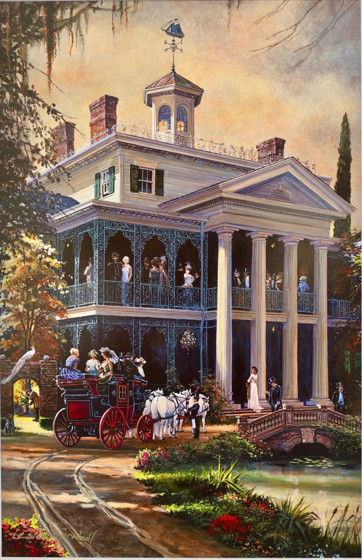 a painting of people riding in a horse drawn carriage on the road to a house