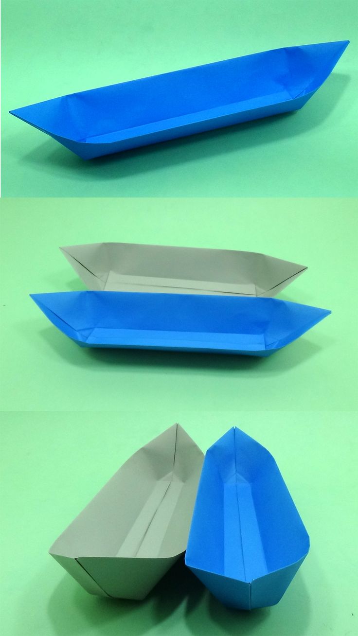 three different views of an origami boat and paper boat on a green background