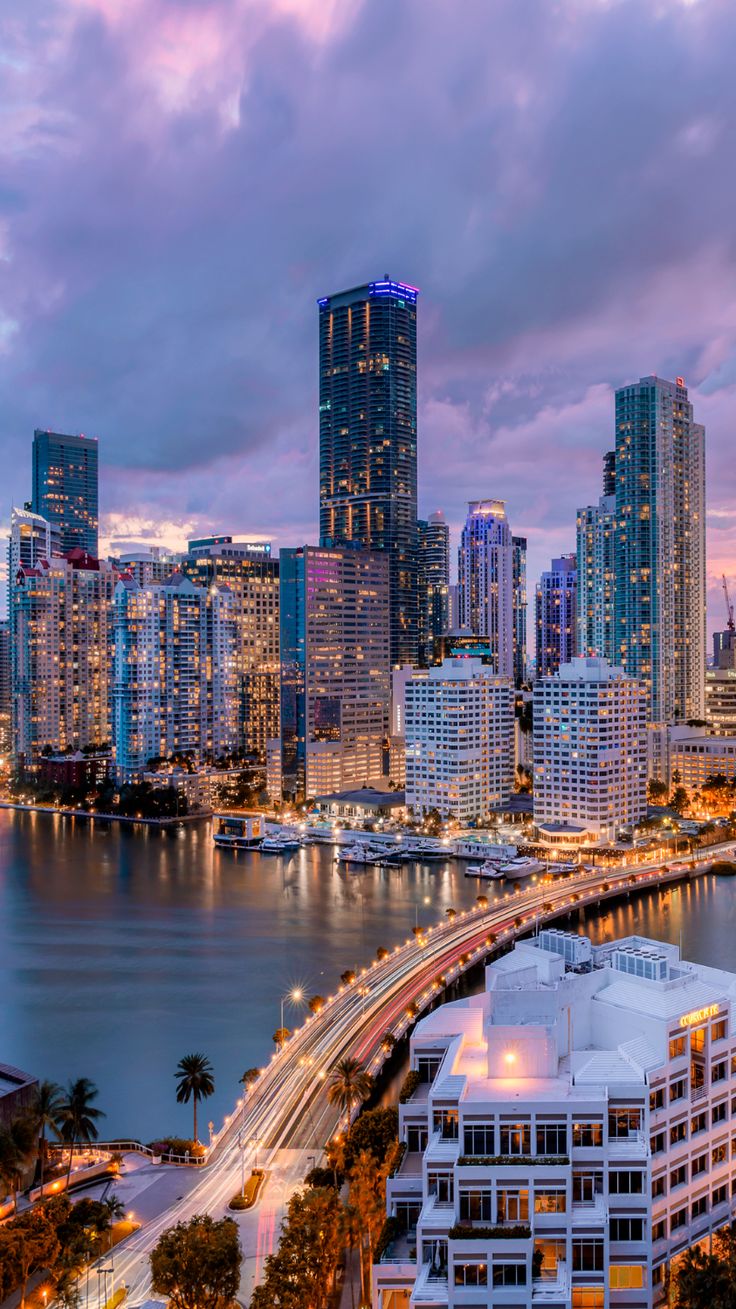 the city skyline is lit up at night, with tall buildings in the foreground