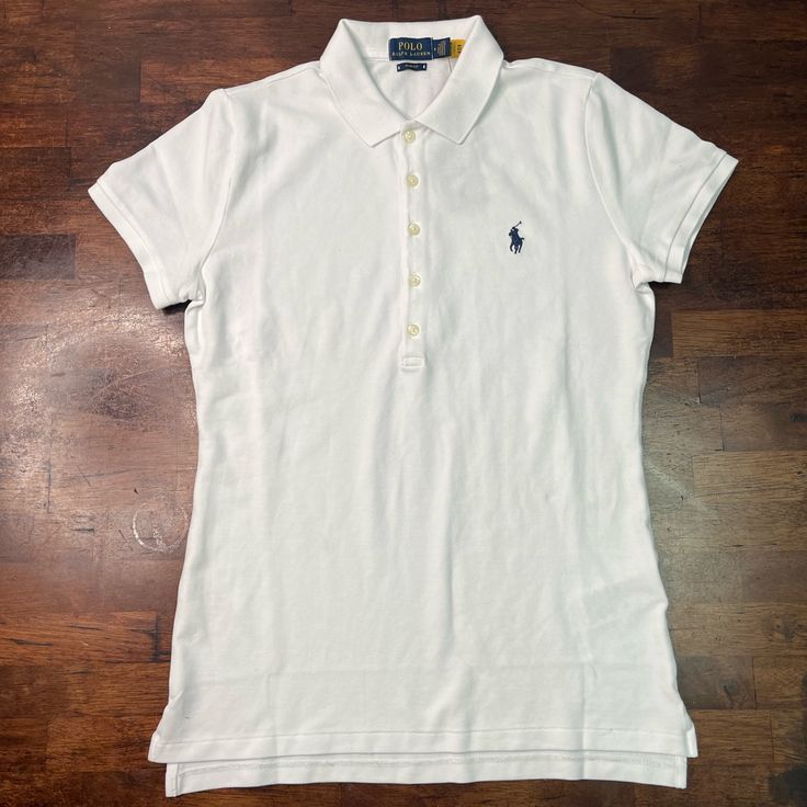 Sz Medium White Polo Womens Shirt White Cute Shirt, White Polo Collar Basic Top, Basic White Polo Collar Top, Basic Fitted Polo Collar Top, Basic Fitted Polo Tops, White Fitted Casual Polo Shirt, White Fitted Polo Shirt For Work, Fitted White Polo Shirt For Work, Casual White Polo Shirt For Work