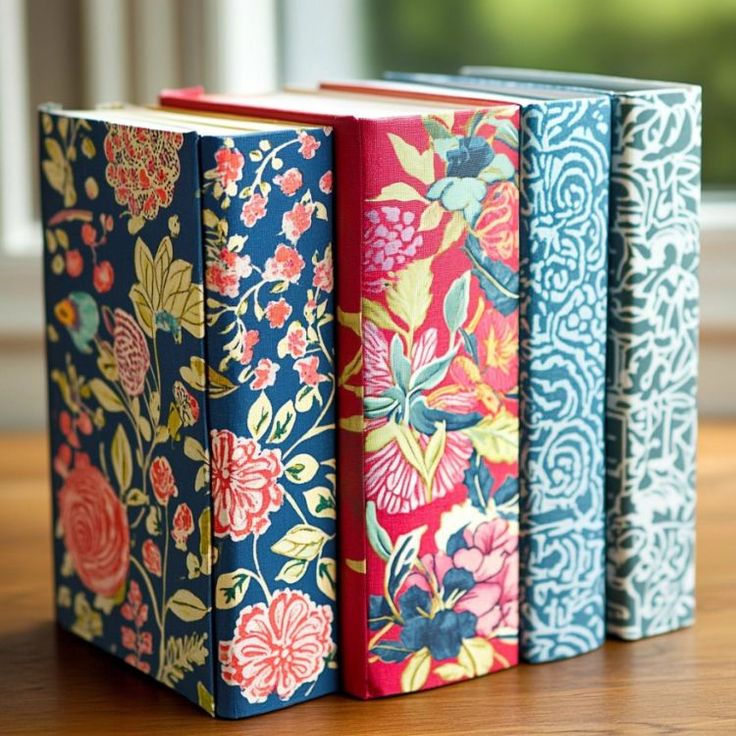 three colorful books sitting on top of a wooden table next to a window with curtains in the background