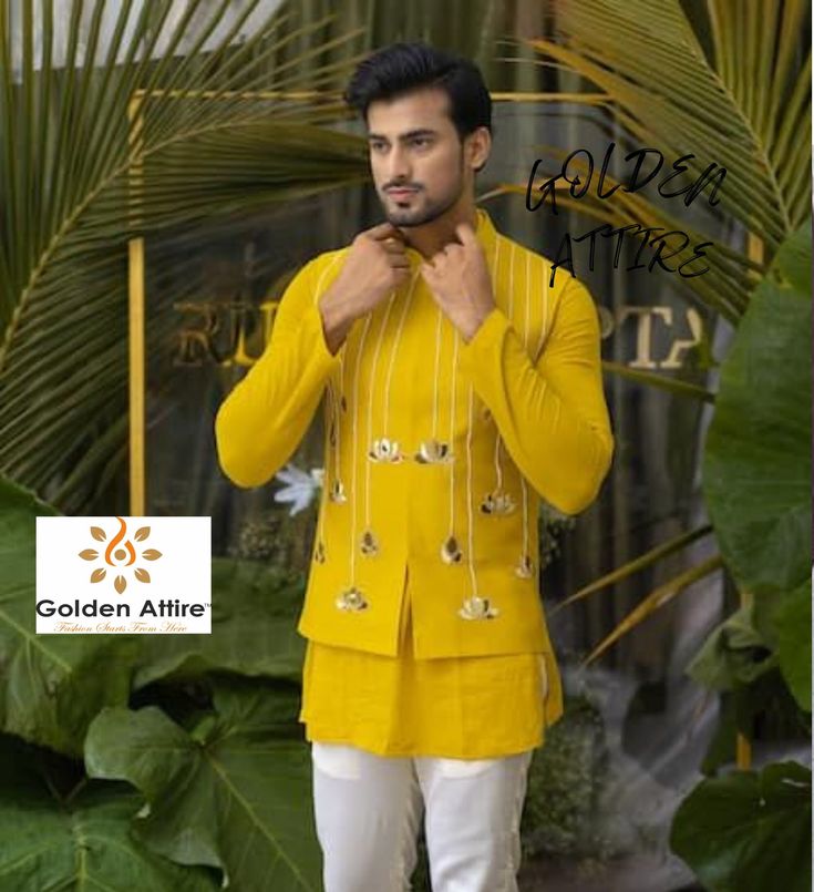 This is a Classic Jacket by Golden Attire crafted from high quality fabric and imported materials. Our products are handcrafted by experienced tailors who make sure the that the stitching is precise, lining is proper and the overall product is sturdy enough to not go out of shape for more than a few years. Also all our products have extra margins in their length, sleeves, sides so it's easily alterable if your size changes after some time. To see more available colours and designs in this collec Festive Nehru Jacket With Gota Work And Long Sleeves, Festive Nehru Jacket With Gota Work, Festive Long Sleeve Nehru Jacket With Gota Work, Festive Long Sleeve Bandhgala With Gota Work, Bollywood Style Bandhgala With Gota Work, Bollywood Style Nehru Jacket With Gota Work, Bollywood Nehru Jacket With Gota Work And Long Sleeves, Festival Long Sleeve Sherwani With Gota Work, Nehru Jacket With Gota Work For Festivals