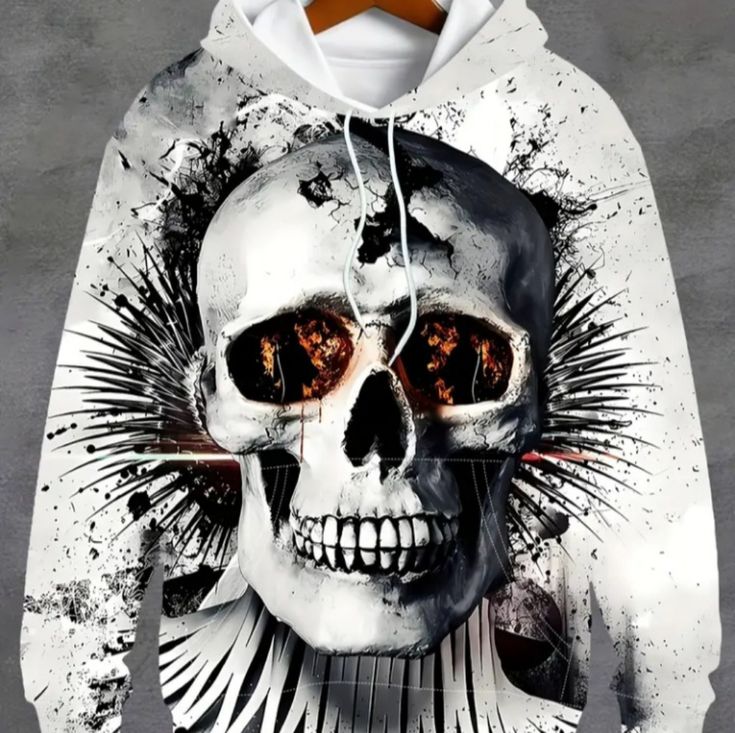 This Black And White Hoodie Is Exquisite Punk Skull Hoodie For Halloween, Halloween Punk Hoodie With Skull Print, Punk Halloween Hoodie With Skull Design, Punk Halloween Hoodie With Skull Print, Urban Skull Print Hoodie For Fall, Urban Hoodie With Skull Print For Fall, Urban Style Skull Print Hoodie For Fall, Fall Urban Hoodie With Skull Print, Urban Style Hoodie With Skull Print For Fall