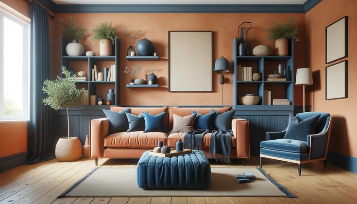 a living room with orange walls and blue furniture