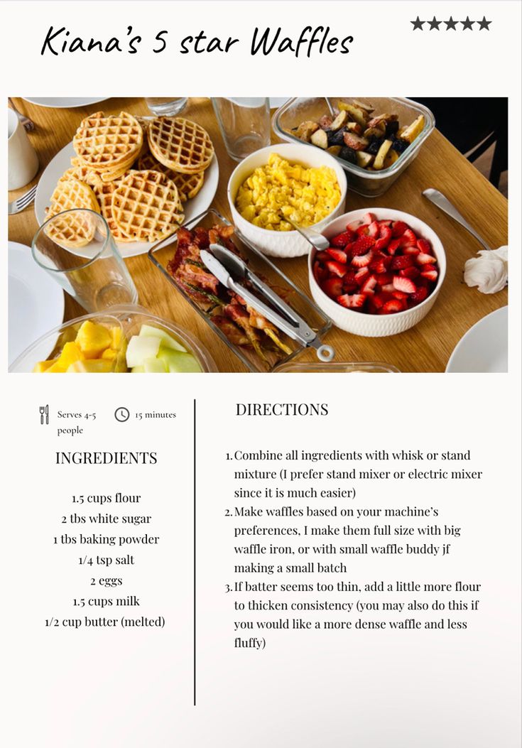 an image of a table with waffles and fruit