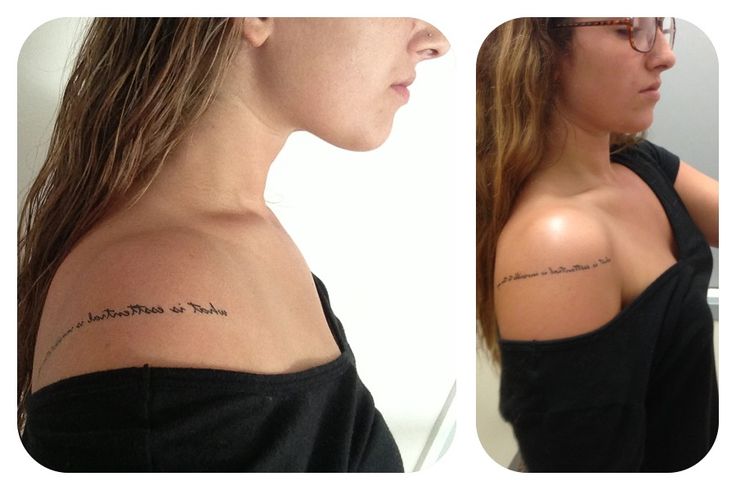 a woman with a tattoo on her shoulder that says, what is something? and the words are written in cursive writing