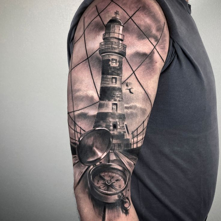 Faro, lighthouse, compass, bussola, realistic tattoo Lighthouse Sleeve Tattoo, Beach Tats, House Tattoos, Lighthouse Tattoos, Nautical Tattoos, Kind Tattoo, Nautical Tattoo Sleeve, Lighthouse Tattoo