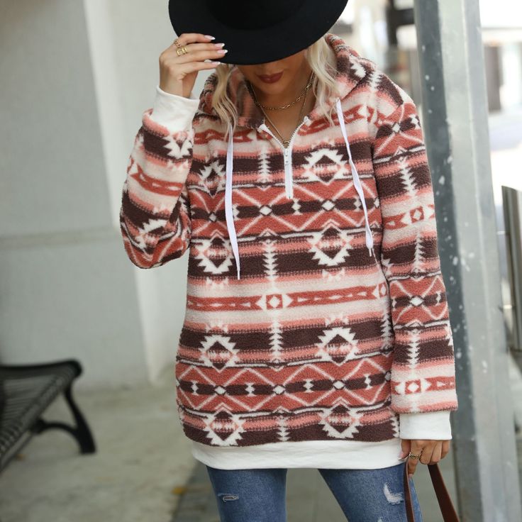 Stay cozy and festive in casual autumn style with this hooded, fleece-lined pullover. Featuring long sleeves, a loose fit, and Christmas pattern print, this zipper-adorned top adds warmth and holiday spirit to your wardrobe. Hoodie Women, Hooded Tops, Zipper Hoodie, High Point, Casual Pullover, Womens Fall, Casual Wardrobe, Printed Sweatshirts, Fleece Hoodie