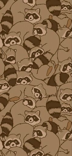 a bunch of raccoons that are standing in the middle of a pattern on a brown background