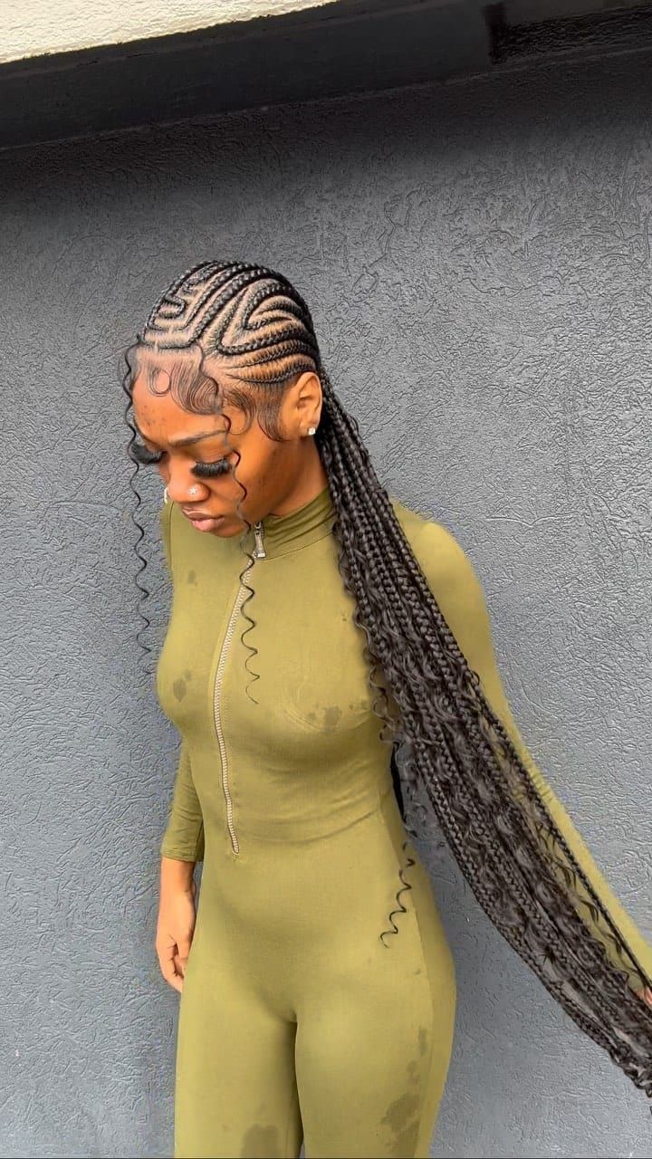 60 Cute Alicia Keys Inspired Braids Trending Right Now Cute Straightback Braids, Black Womens Braided Hairstyles, Low Feed In Ponytail, African American Braids Hairstyles, Braided Hairstyles For Black Women Straight Back, Free Style Straight Back Braids, Boho Feed Ins, Freestyle Boho Stitch Braids, Burgundy Alicia Keys Braids