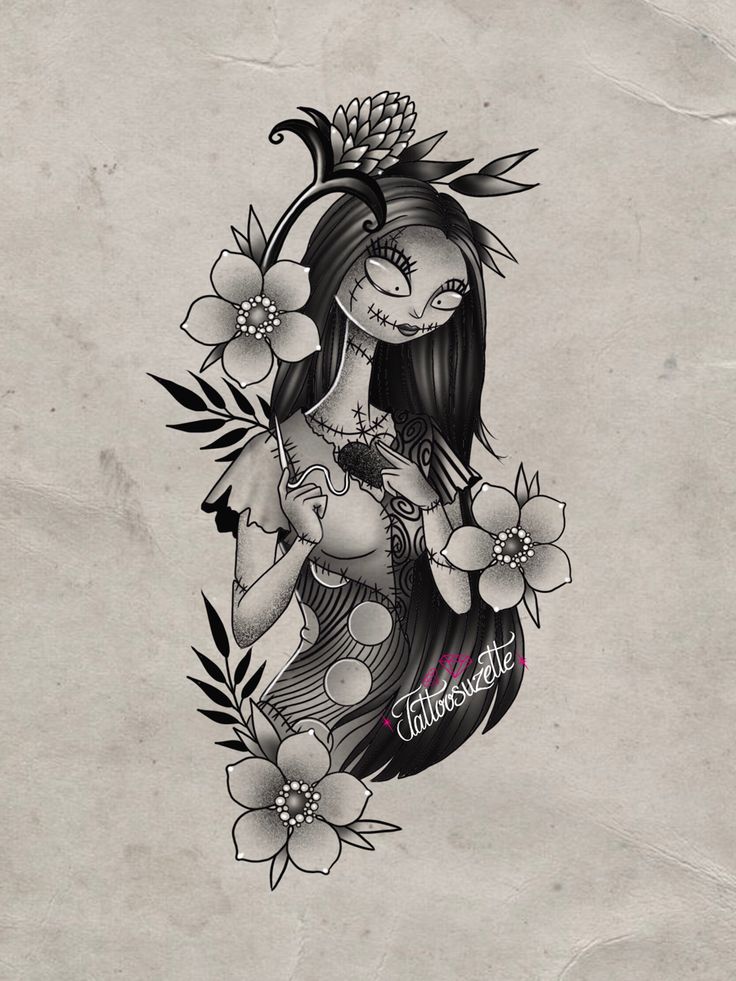 a drawing of a girl with flowers in her hair and an evil face on her chest