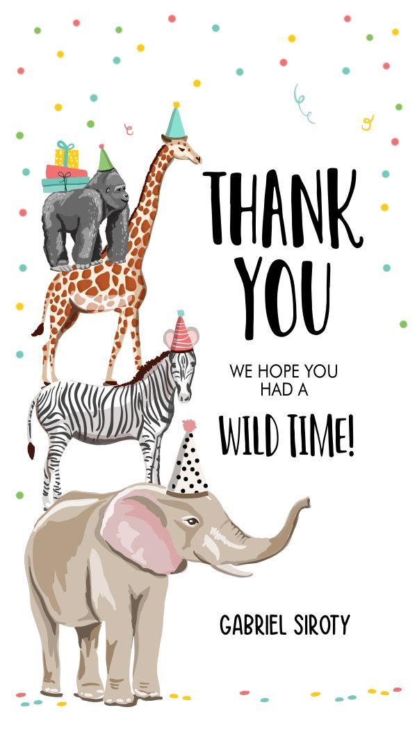 an elephant, giraffe and zebra are standing in front of a thank card