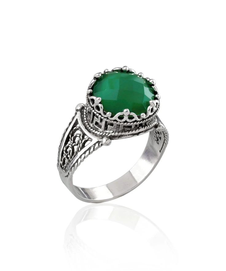 Green Agate Ring, The Ring Face, Red Stone Ring, Silver Cocktail, Greek Key Pattern, Green Stone Rings, Filigree Necklaces, Art Green, Sterling Silver Filigree